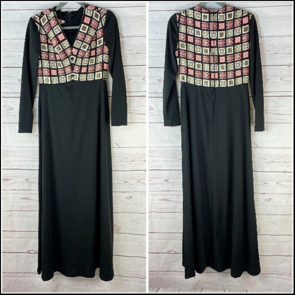 Vintage Nancy's‎ Women's Black Patchwork Long Sleeve Floor Length Dress Size S